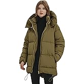 PEHMEA Women Mid-Length Puffer Hooded Jacket Winter Padded Warm Coat Thicken Outerwear Coats
