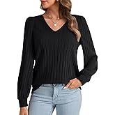 LYANER Women's Knit V Neck Lantern Long Sleeve Dressy Casual Blouse Shirt Tops
