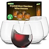 NutriChef 15oz Stemless Wine Glasses - Set of 4 Ultra Thin Elegant Red & White Wine Clear Crystal Glass Drinkware, Lead-Free, Hand Blown Seamless Bowl, Dishwasher Safe