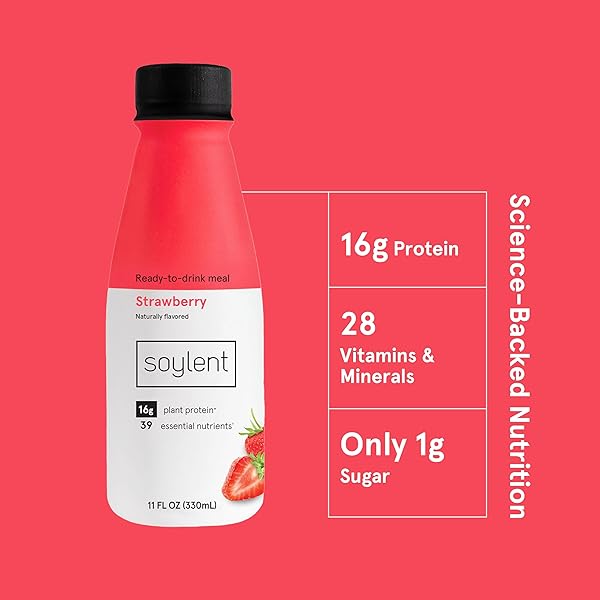 SOYLENT MEAL REPLACEMENT SHAKE, STRAWBERRY, 4 PACK, 11 FL OUNCE