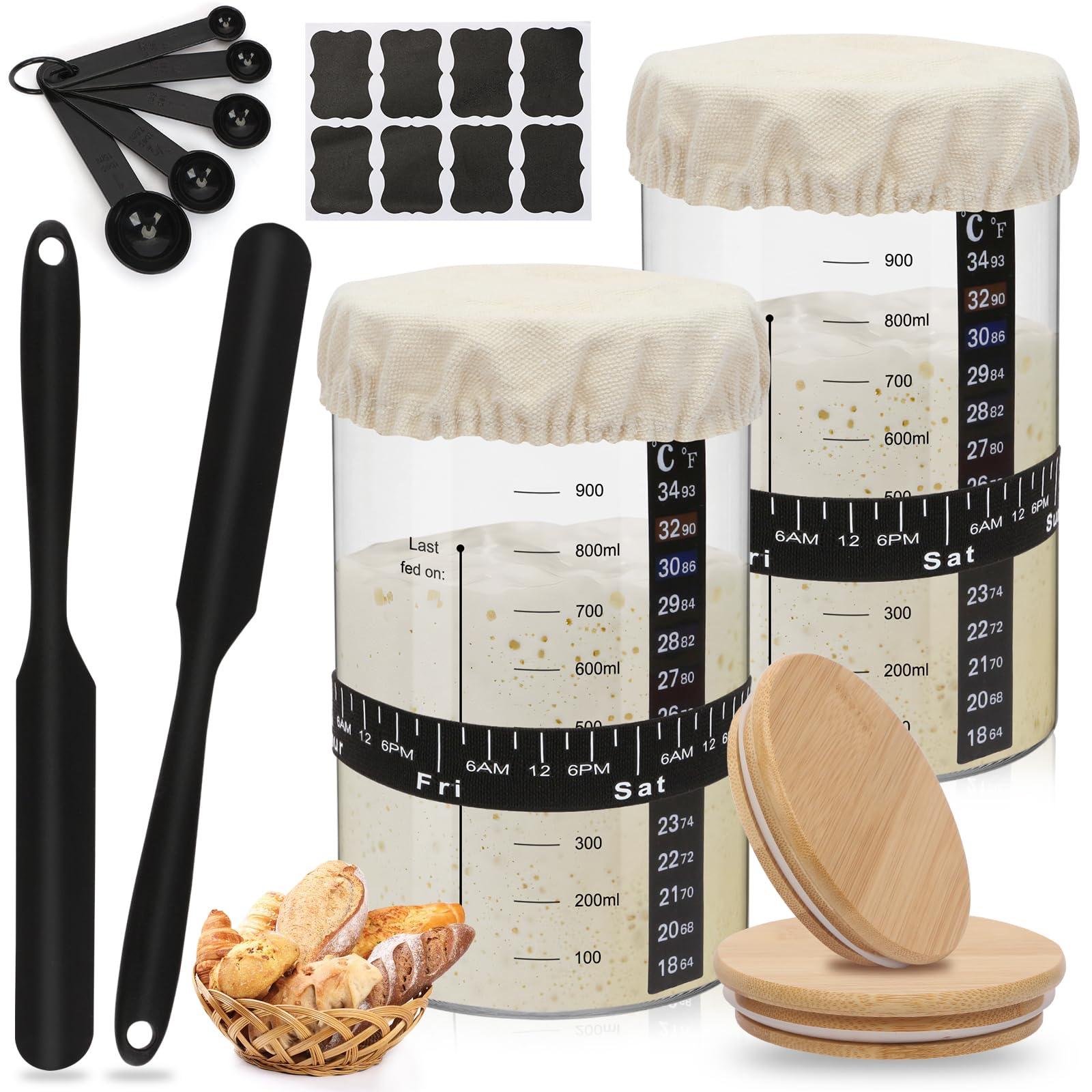 ZgoEC 18pcs Sourdough Starter Jar, 1Lx2 Glass Sourdough Starter Kit with Wooden Lid, Sourdough Starter Set with Date Feeding Band, Cloth Cover, Spatula, Sourdough Bread Home Baking Supplies