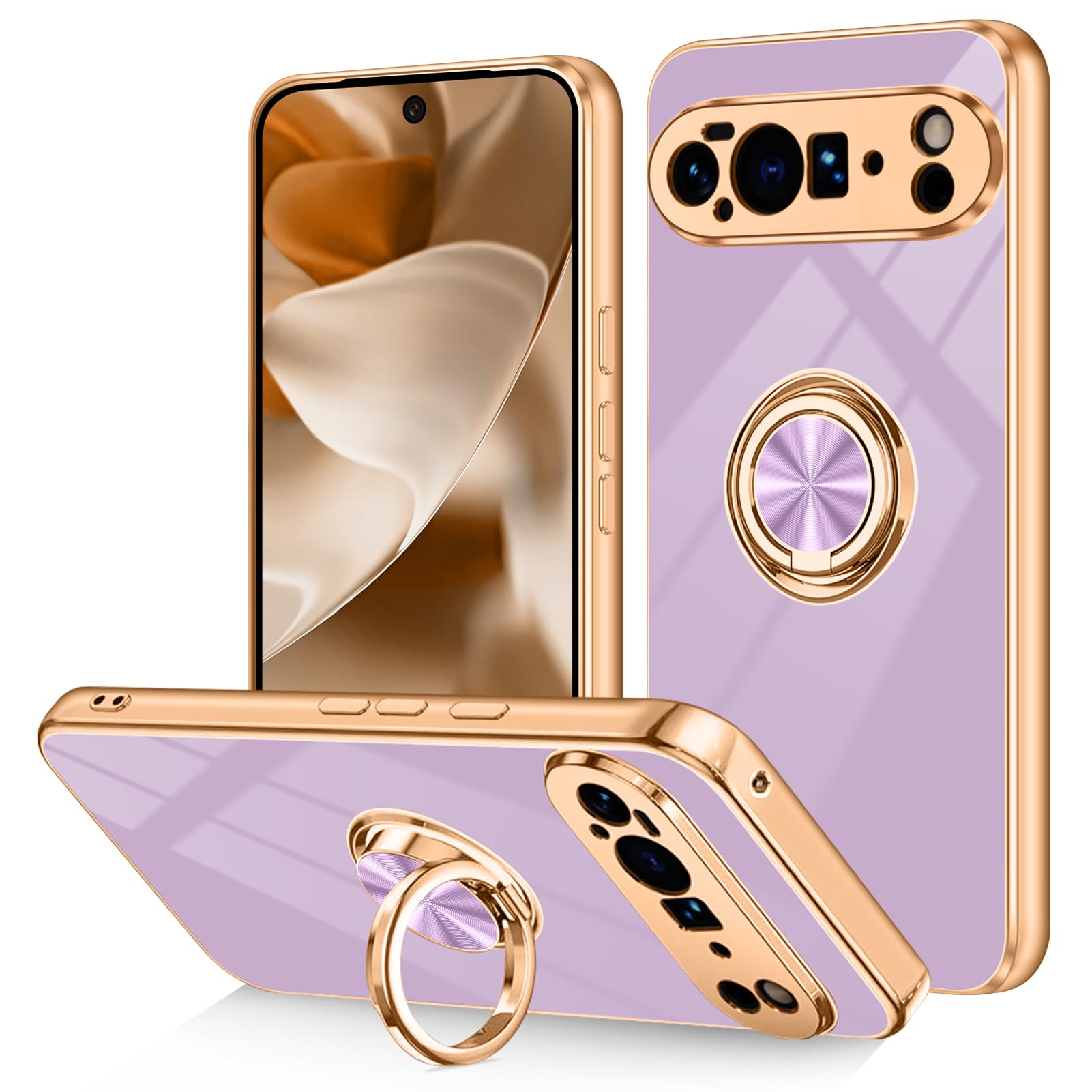 Dinick for Google Pixel 10 Pro XL Case with Ring Holder Kickstand, Soft TPU Gold Plated Cover, Anti-Scratch, Shockproof Protection, Slim, Magnetic Stand Case for Google Pixel 10 Pro XL, Purple