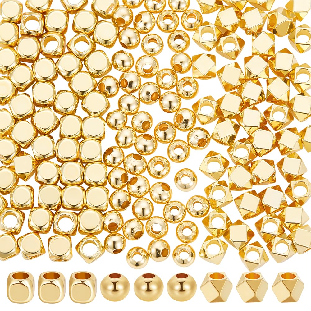 Beebeecraft 1 Box 150Pcs 3 Style Tibetan Cube Beads 18K Gold Plated Geometry Cube Round Hexagon Golden Spacer Beads for Bracelets Making DIY Necklaces Jewellery Crafts