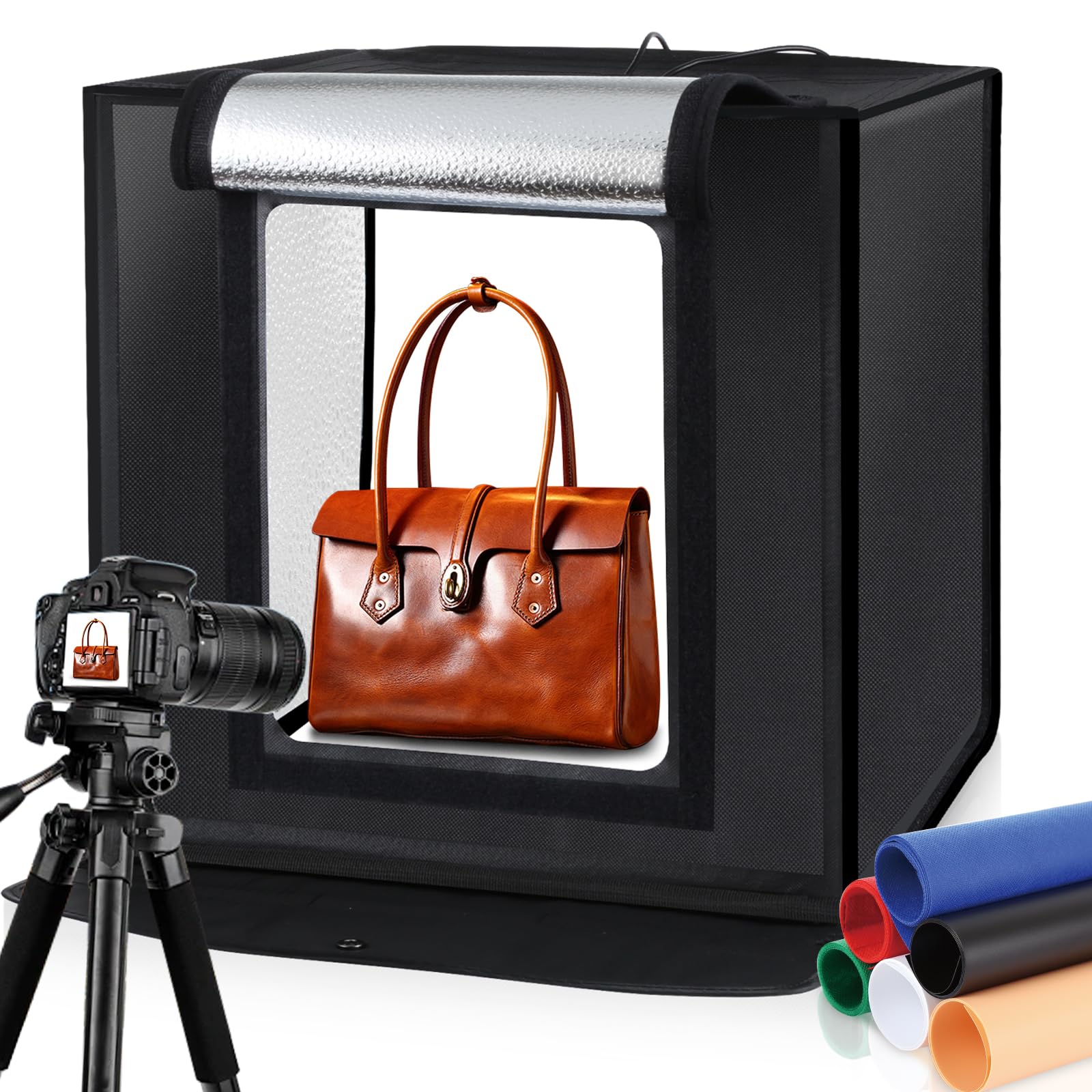 PULUZ Photo Studio Light Box, 60x60cm Light Box Photography Tent Kit, Photo Booth with 120 LED Lights 5500K & 6 Backdrops for Jewelry and Food Product Photography 36W UK Plug