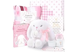 LOMEVE Baptism Gifts for Girl, Christening Gift Set for Baby Girls, Baby Dedication Gift, Includes Bunny Stuffed Animal, First Rosary Beads, Prayer Book, Keepsake Blanket, Catholic Baptism Gift Basket