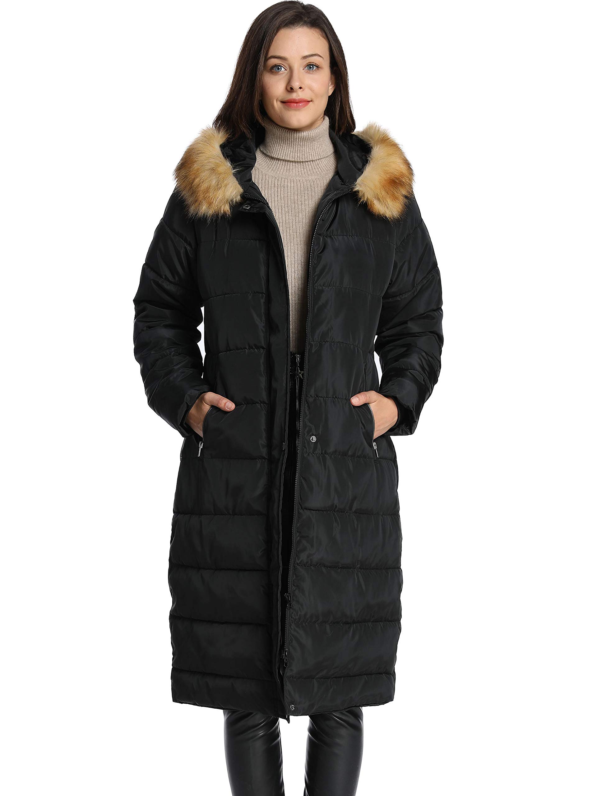 adomi women's long hooded thickened down coat with fur trim