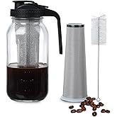 Novelinks 64 OZ Glass Pitcher with Lid, Wide Mouth Mason Jar Pitcher with Filter, Leak-proof Water Jug for Juice, Milk,iced Coffee Lemonade Tea (Black)