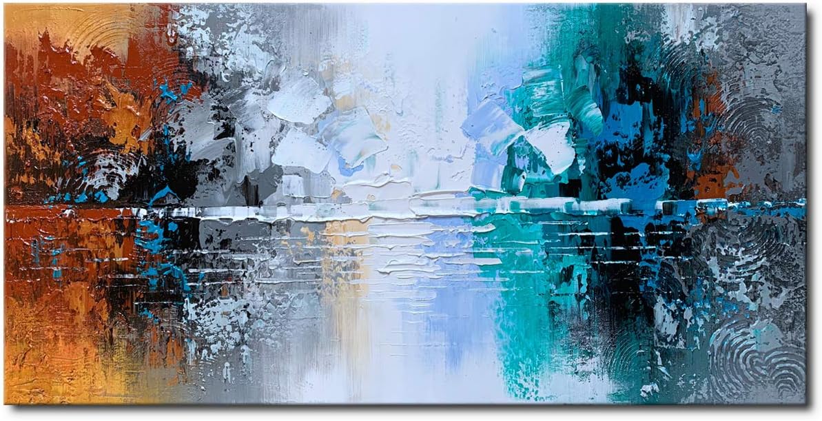 Paintings - Hand Painted Oil Painting on Canvas Lake Landscape Wall Art Modern Abstract Home Decor