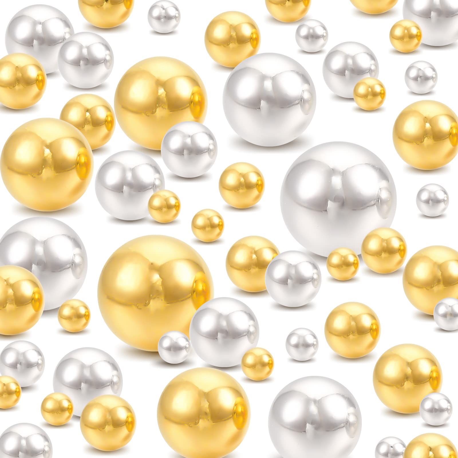 PH PandaHall 1400pcs No Hole Round Pearls, 6 Size ABS Undrilled Acrylic Beads Gold Silver Gloss Loose Beads for Vase Filler Craft Making Home Christmas Party Wedding Decor, 3/4/5/6/8/10mm
