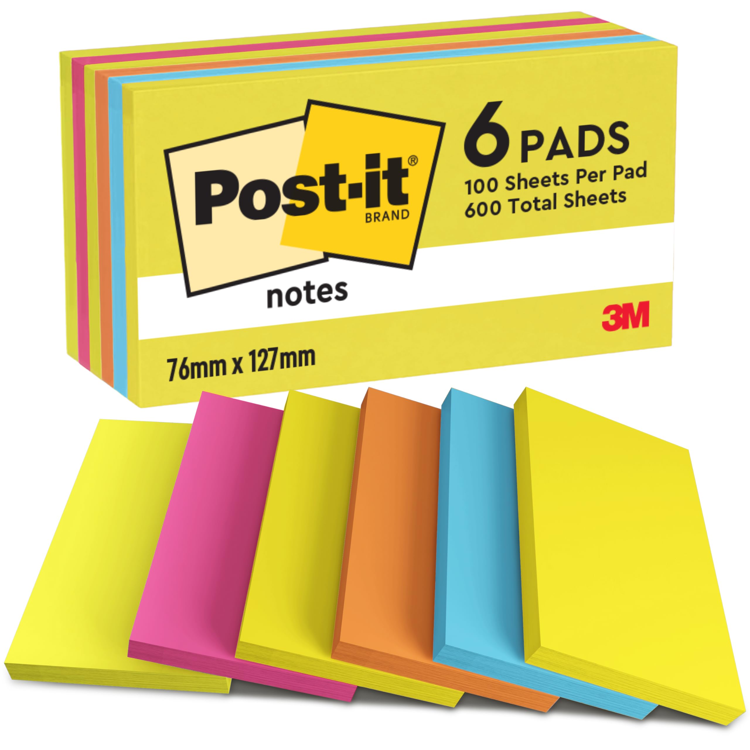Post-it Notes Energetic Color Collection, Pack of 6 Pads, 100 Sheets per Pad, 76 mm x 127 mm, Yellow, Blue, Orange, Pink, Green Colors - Self-Stick Notes for Note Taking, to Do Lists & Reminders