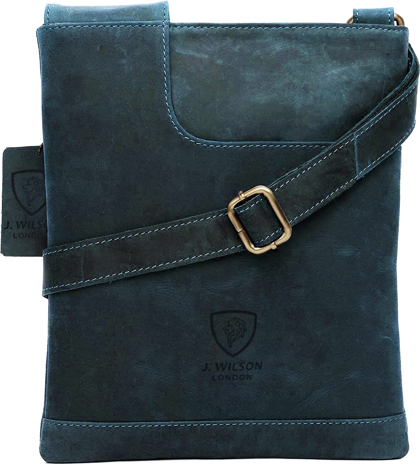 J. Wilson London 100% Pure Genuine Real Vintage Hunter Handmade Mens Women Leather Everyday Cross-Body Shoulder Work Messenger Bag (Distressed Blue)