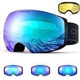 Odoland Photochromic Ski Goggles Interchangeable with 2 Lens, Large Spherical Frameless Snow Snowboard Goggles for Men Women
