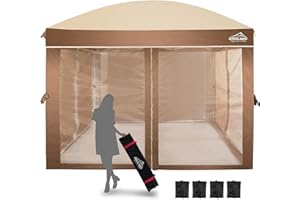 AIGOCANO Canopy Tent with Netting Screen,10x10 Easy Pop Up Gazebo for Outdoor Parties,Camping,Foldable Patio Gazebo with Roller Bag and 4 Sandbags(Brown)