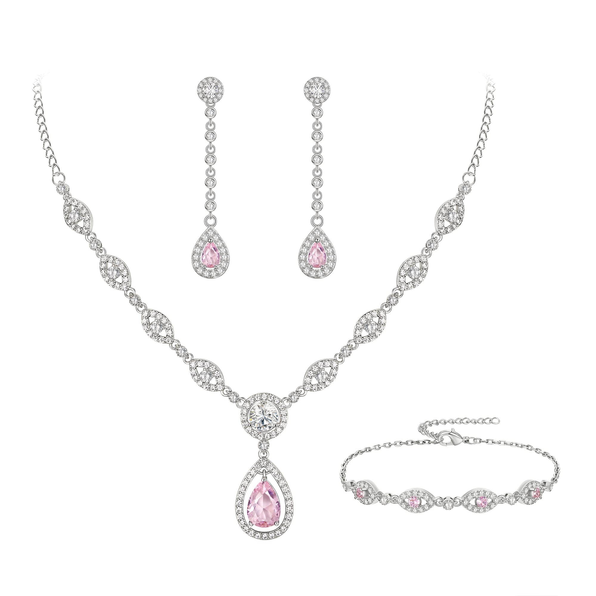Ever Faith Bridal Jewelry Set Stunning Teardrop Cubic Zirconia October Birthstone Necklace Bracelet Earrings Set for Woman Pink Silver-Tone