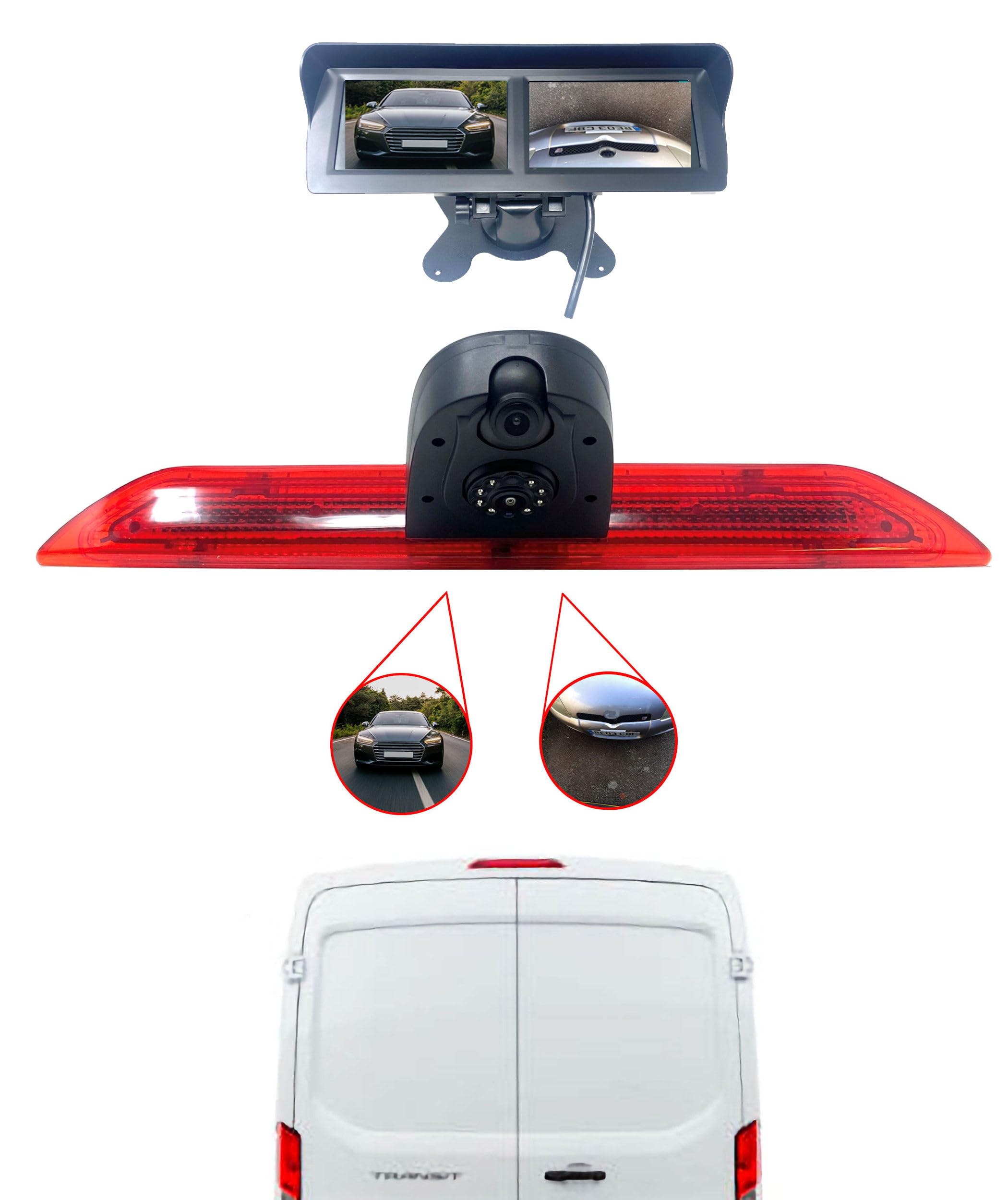 Dolphin Automotive Dual Rear Reversing Camera Fits Ford Transit Van 2014 Onwards (Camera With Dual 4.3" Dash Monitor)