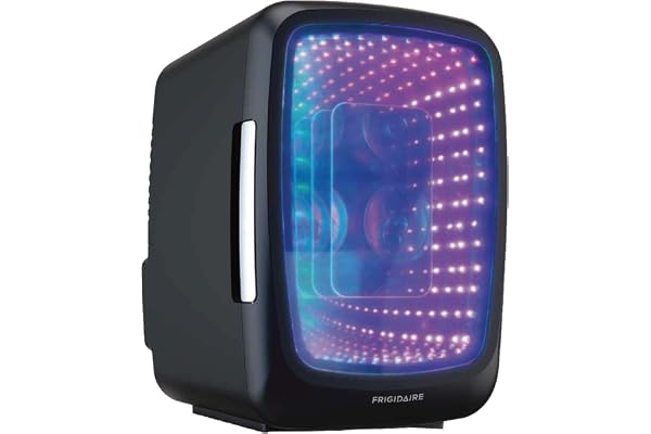 Frigidaire Gaming Light Up Mini Beverage Refrigerator, 6 can, 4 liters, Cooler with large see through door and LED lights Perfect for Gaming Experience, Home, Office, or Cars.12V Charger (Stealth)