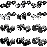 NEWITIN 12 Pairs Stainless Steel Stud Earrings for Men Hypoallergenic Earring Flatback Black Earring Set Screw Back Studs Inlaid Cubic Zirconia Stud Earrings for Women Men
