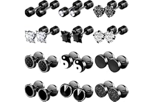 NEWITIN 12 Pairs Stainless Steel Stud Earrings for Men Hypoallergenic Earring Flatback Black Earring Set Screw Back Studs Inlaid Cubic Zirconia Stud Earrings for Women Men