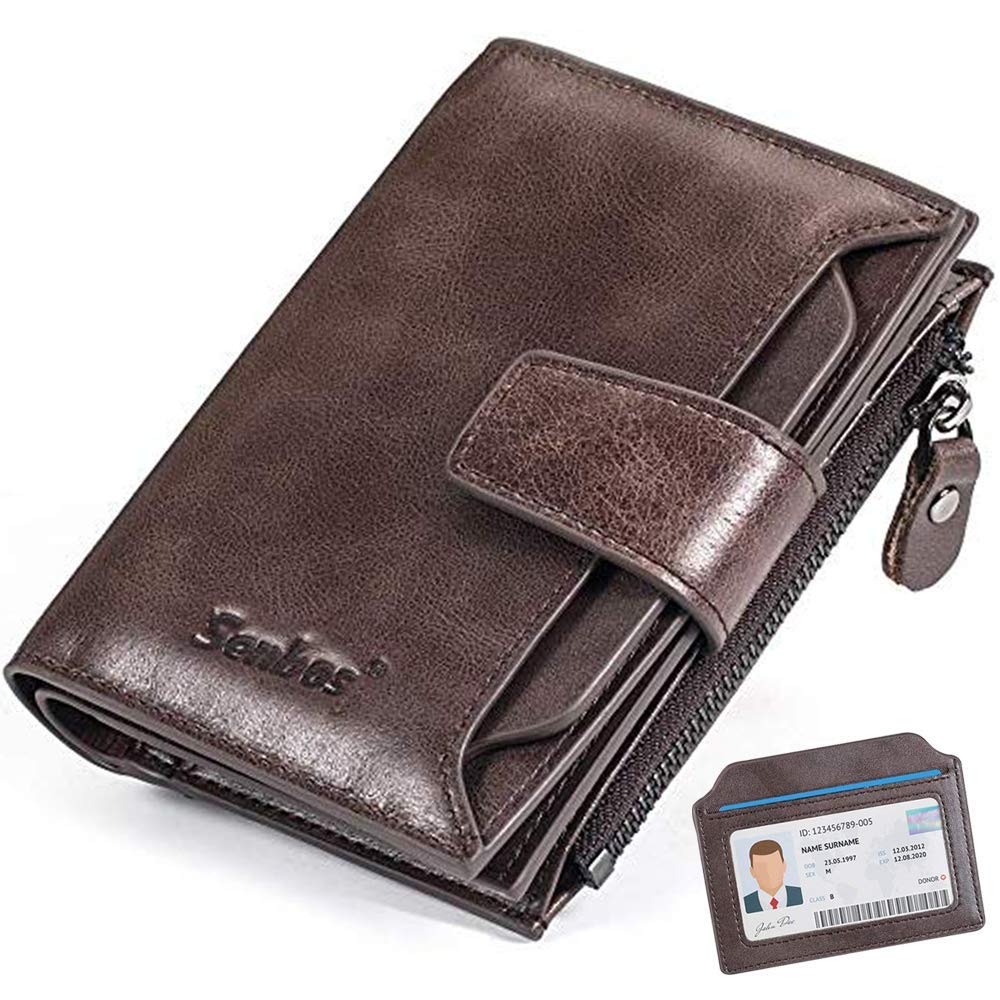 Senbos Men's RFID Protection Genuine Leather Wallet Vertical with 18 Card Slots, 1 Zip Coin Pocket and 1 Removable ID Card Holder, Gift for Father's Day, Brown 2, 12.5x9.5x2.5 cm, Classic