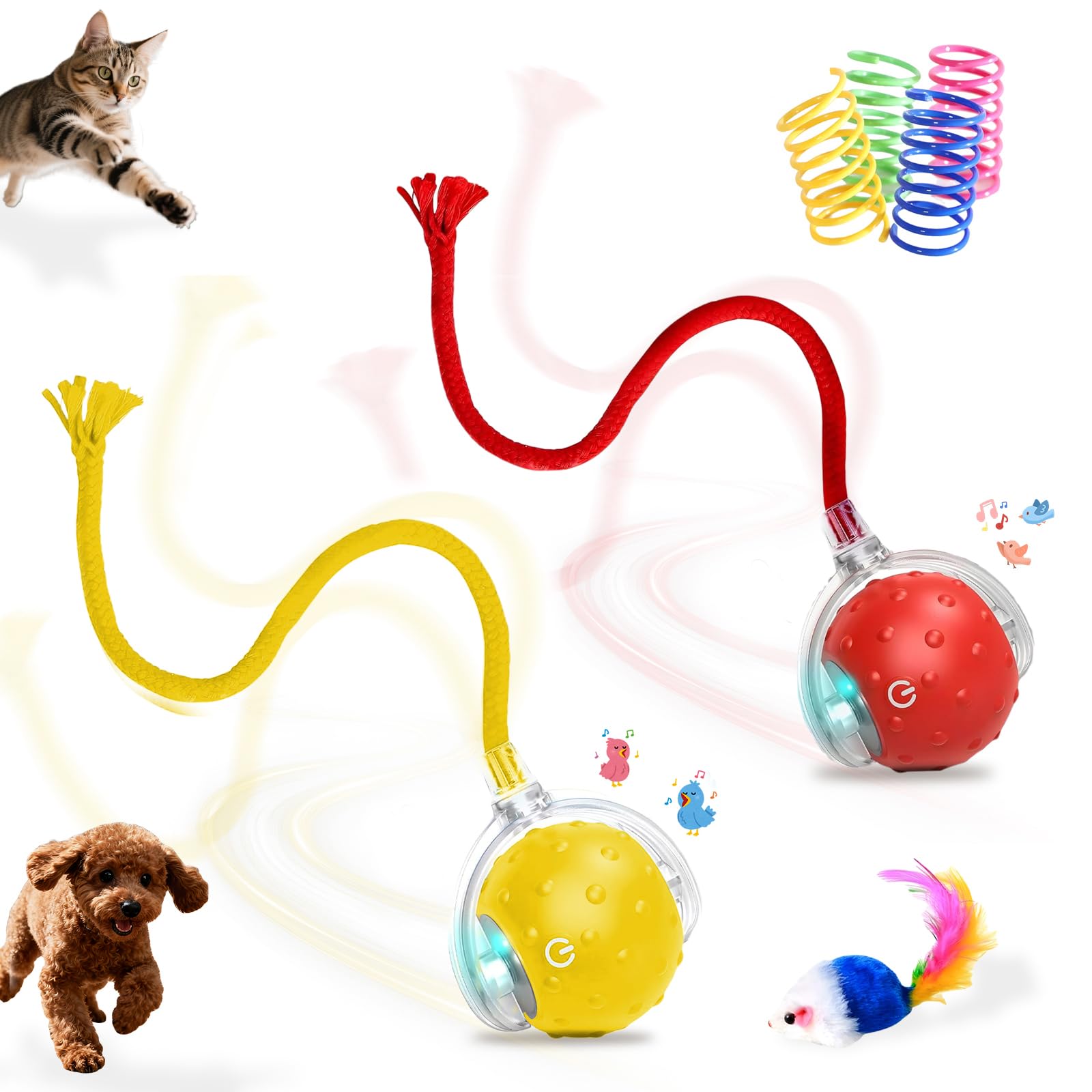 Photo 1 of 2-Pack Interactive Cat Toys Ball for indoor Cats?Dog,Automatic Cat Toy with Smart Obstacle Avoidance & Bird Chirps ,Includes 4 Cat Spiral Spring,Cat Enrichment Toys for Indoor Cats(Red?Yellow)
