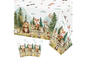 Caisehabu 3Pcs Woodland Baby Shower Decorations Tablecloth, Baby Boy Large Size 54 x 108 Inch Rectangular Plastic Table Cloth Forest Animals Mountain Wilderness Theme Decor