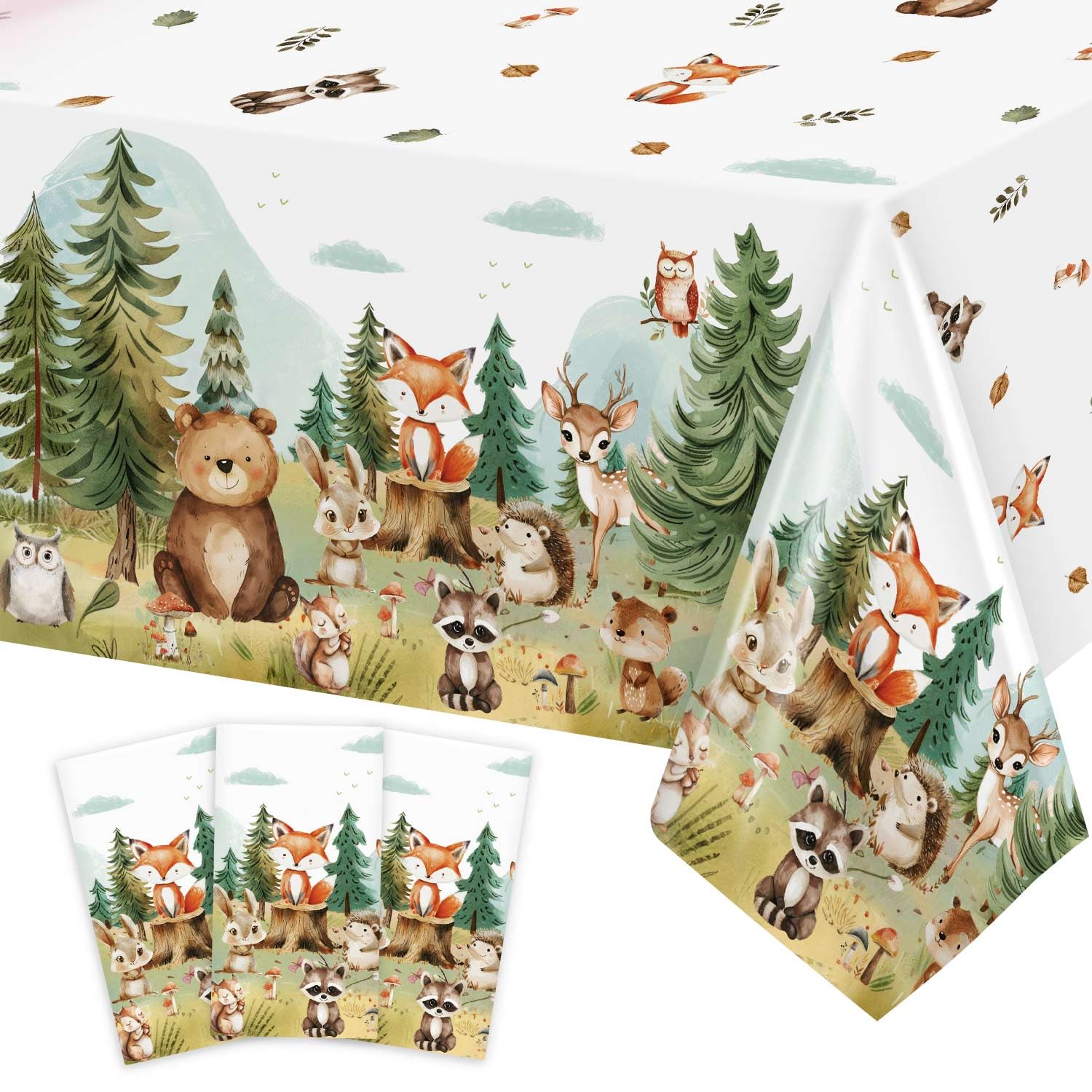 Photo 1 of Caisehabu 3Pcs Woodland Baby Shower Decorations Tablecloth, Baby Boy Large Size 54 x 108 Inch Rectangular Plastic Table Cloth Forest Animals Mountain Wilderness Theme Decor