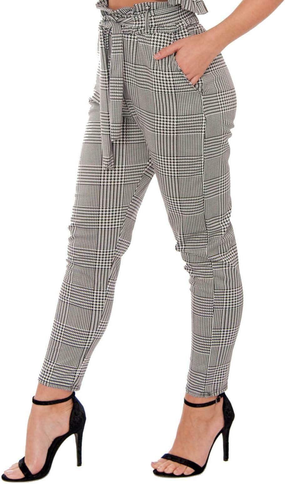 Womens High Waisted Belted Paper Bag Trousers Pants Elasticated Slim Fit Pockets Cigarette Tapered Work Casual Sizes 6-26 Plus Size