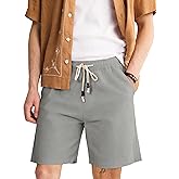 Comdecevis Mens Stretch Cotton Linen Easy Shorts 7" Casual Lightweight Summer Beach Shorts with Elastic Waist