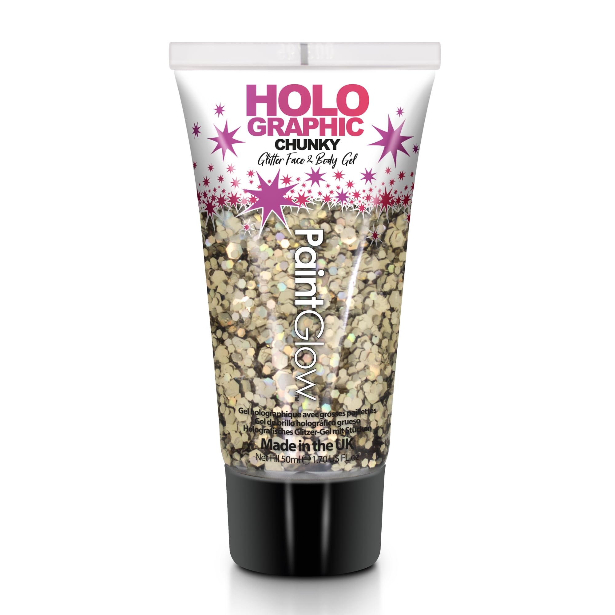 Chunky Cosmetic Glitter gels 50ml for face, Body & Hair from PaintGlow (Vegan) (Golden Girl)