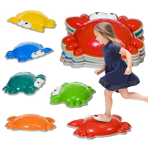 ZONEKIZ Stepping Stones Kids, 6PCs Crab-Designed Balance River Stones with TPE Anti-Slip Edge, Indoor Outdoor Sensory Toy, Obstacle Courses, Stackable