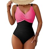 Pink Queen Women One Piece Swimsuit 2026 Patchwork Twist Front V Neck Ruched Tummy Control Swimwear Bathing Suits