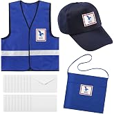 Hicarer Adult Mailman Costume Set with Hat Bag Envelopes Halloween | Postal Worker Outfit for Career Day, Postman Uniform with Reflective Vest, Mail Carrier Bag, Role Play Party Costume Set