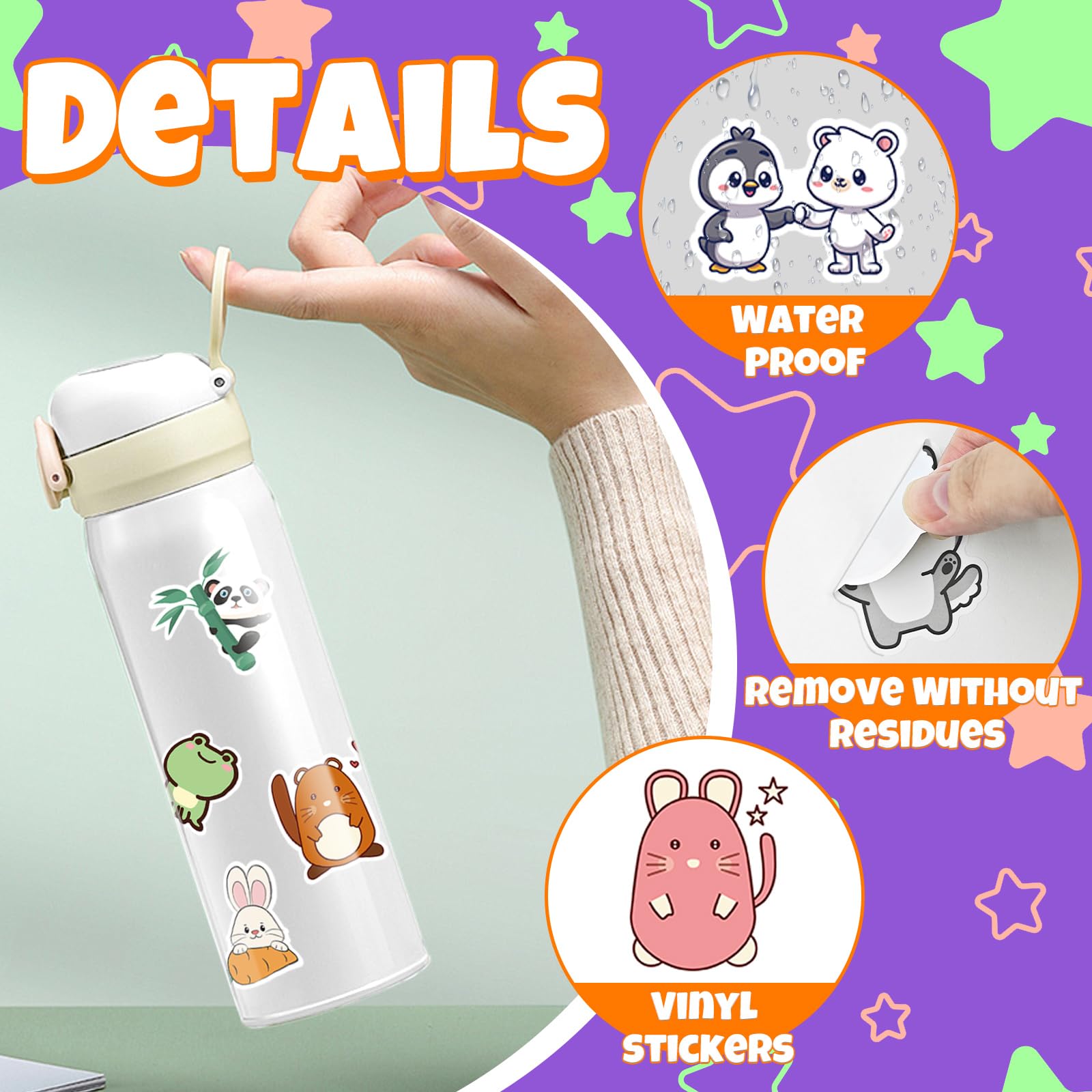 Stickers for Kids, 100 pcs Water Bottle Stickers for Kids, Cute Animal Vinyl Waterproof Stickers for Laptop Computer, Kawaii Stickers for Boys Girls Teachers Classroom Prizes for Students