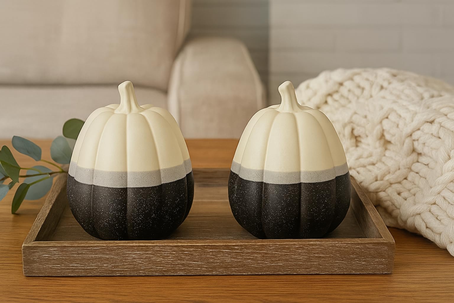Decorative Pumpkin Set of 2 - Autumn Decoration & Halloween Decoration Made of Stoneware - Black White Grey - Modern Pumpkins for Living Room, Table & Windowsill