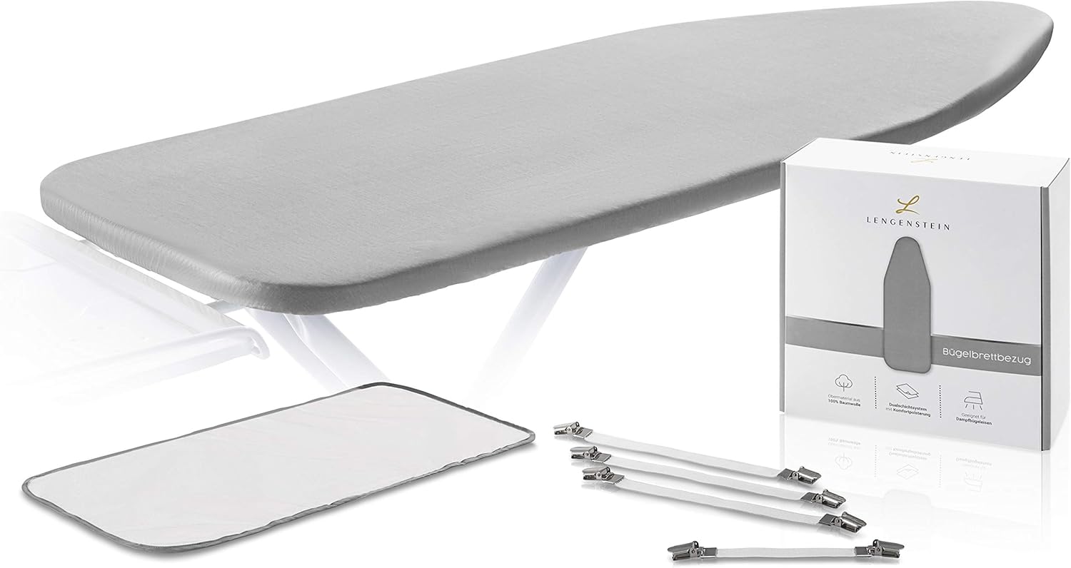 Lengenstein® Bügelbrettbezug mit Komfortpolsterung 120x40 Bügeltischbezug für Dampfbügeleisen inklusive Spannclips und Bügelschutztuch (grau)