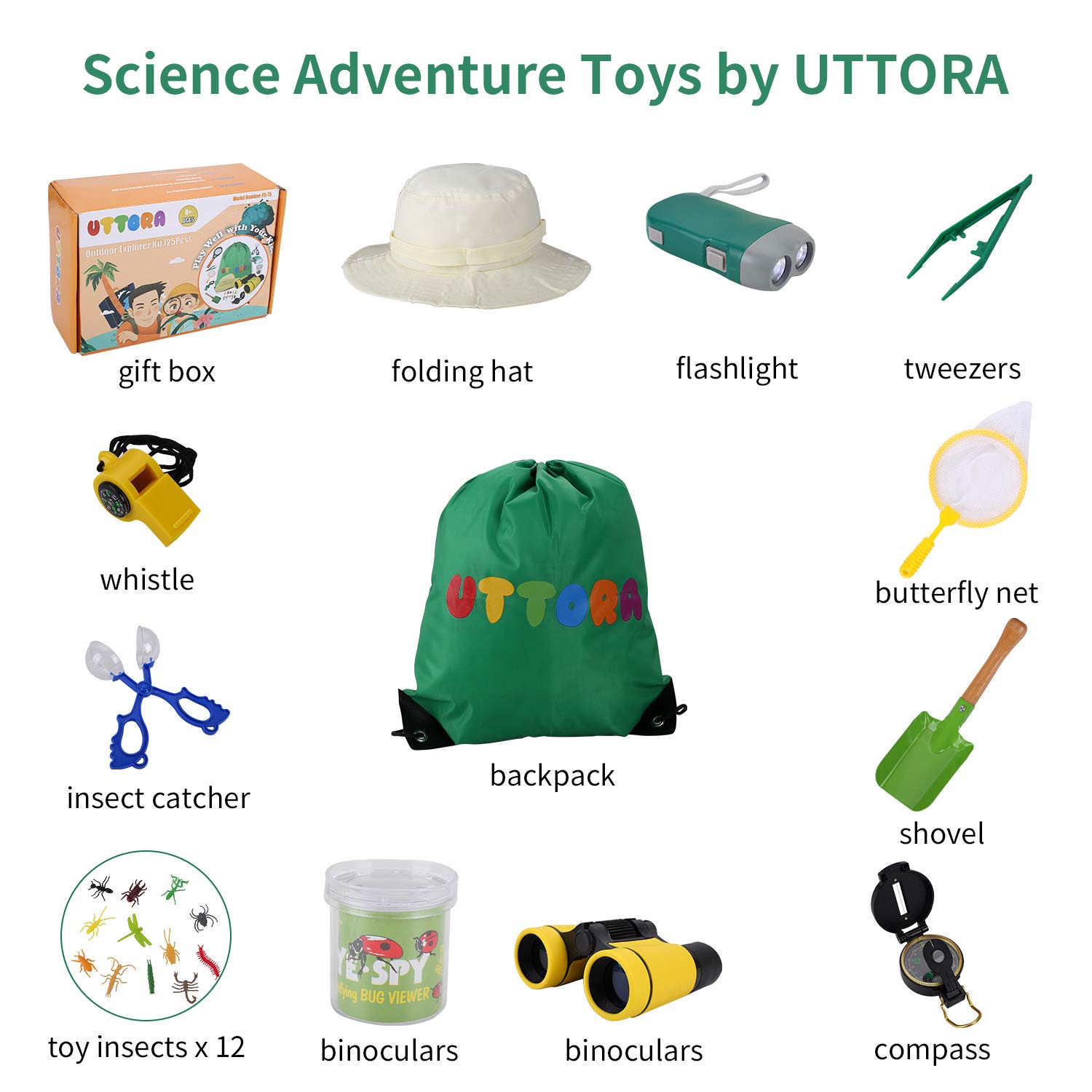 UTTORA binocolo Bambini, 25 in 1 Set di binocoli per Bambini, Set di esplorazione all\'aperto, Ideale per 3 4 5 6-12 Anni Ragazzo e Ragazza, Kit educativo per Bambini per Esterno (25 Pezzi)