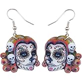 NEWEI Cute Halloween Sugar Skull Earrings Dangle Acrylic Day of the Dead Decor Gifts for Women Festival Charms