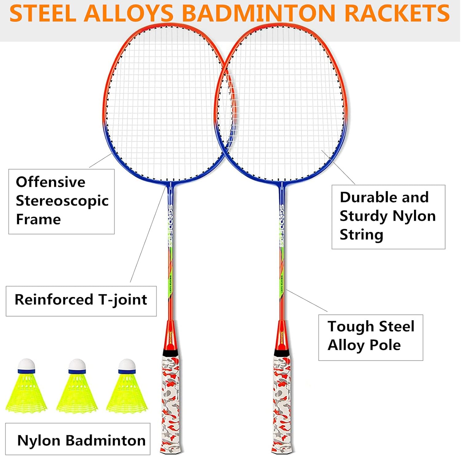 SGODDE Badminton Racket Set of 2, Badminton Set Including 3 Nylon Badminton birdies / 1 Badminton Bag, 2 Grips, Portable Badminton Racquet for Beginners Adults : Sports & Outdoors