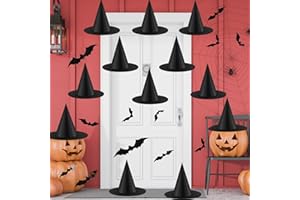 Tmflexe 12pcs Halloween Witch Hats + 12pcs 3D Bats Stickers - Costume Accessories for Parties, Cosplay, Carnivals, Holidays