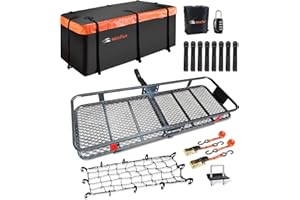 MeeFar Folding Hitch Mount Cargo Carrier Basket 60" X 20" X 6"+Waterproof Cargo Bag 16 Cubic Feet(58" 19" 24"),Hauling Weight Capacity of 500 Lbs and A Folding Arm.with Hitch Stabilizer,Net and Straps