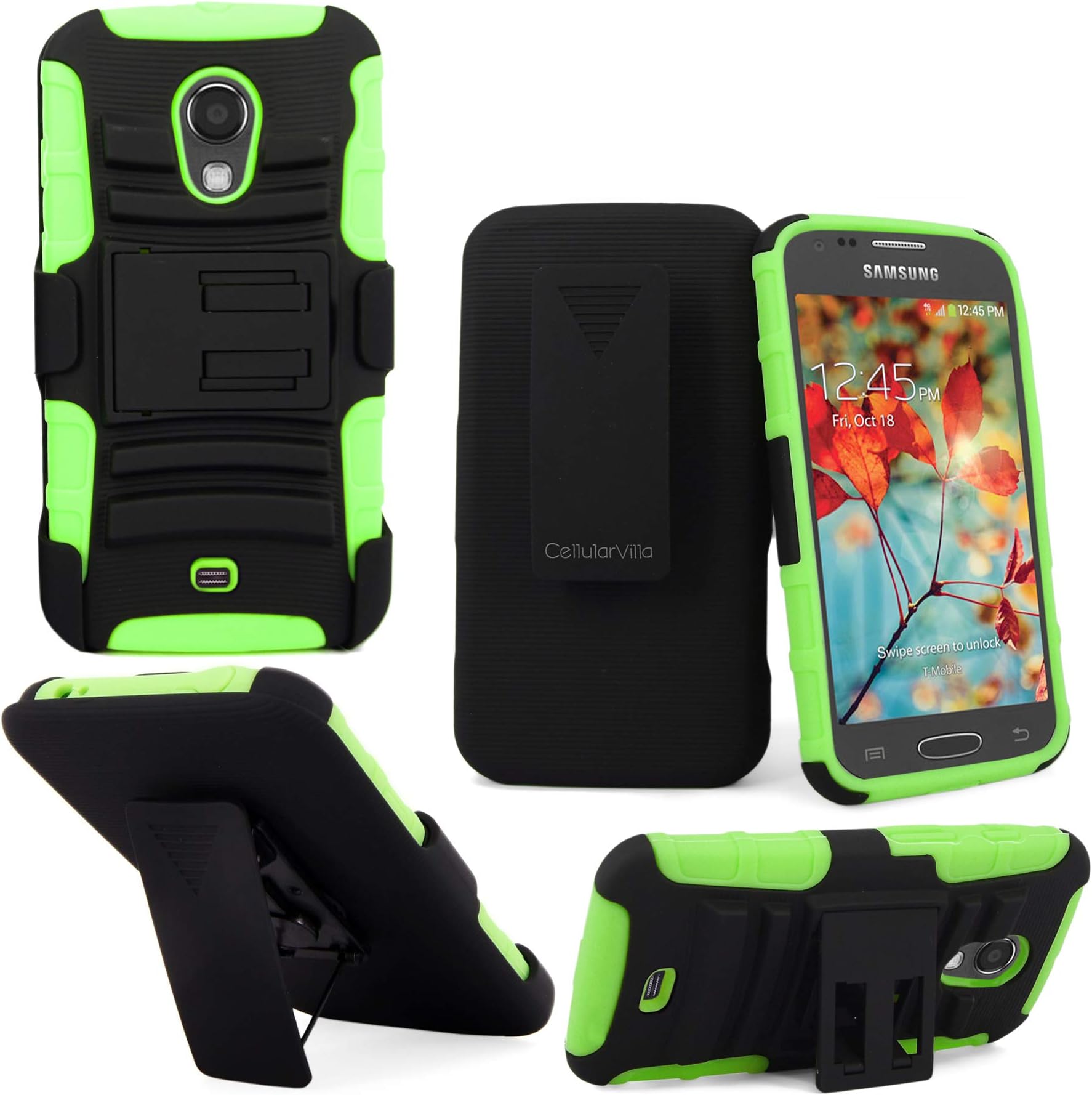 Samsung Galaxy T-399 Case - Cellularvilla Hard Soft Dual Layer Hybrid Armor Holster Kickstand Case with Locking Belt Swivel Clip Cover for Samsung Galaxy Light SGH-T399 (T-Mobile) (Green Black)