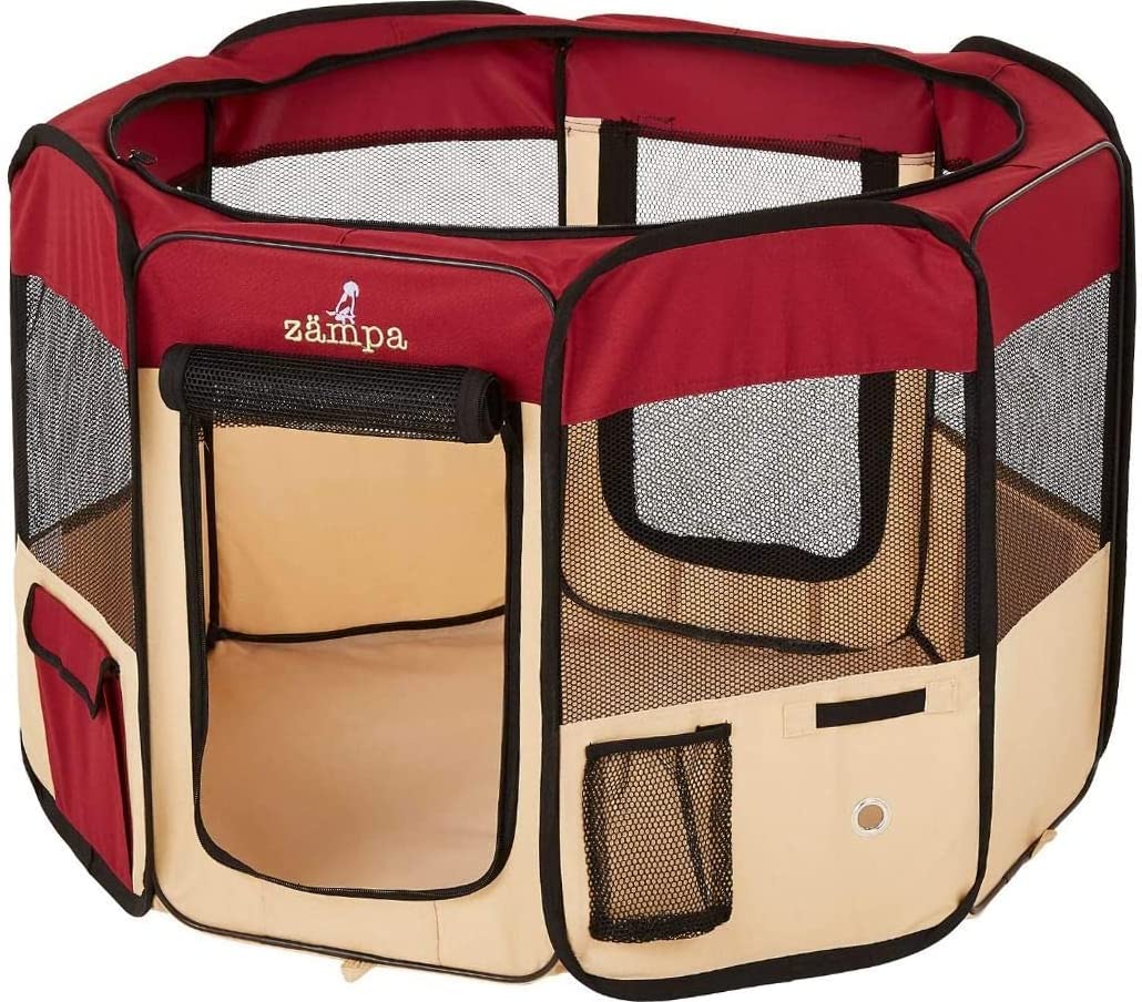 Zampa Puppy Pop Up Portable Playpen for Dog and Cat, Foldable | Indoor/Outdoor Kitten Pen & Travel Pet Carrier + Carrying Case (Red, ‎Large (61"x61"x30"))
