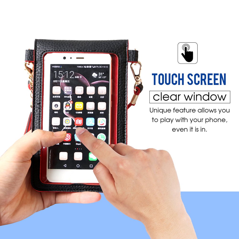 LKZAIY PU Leather Crossbody Bag Mini Phone Pouch with Shoulder Strap for iPhone 7 Plus, 6S Plus, 6 Plus, 7, 6S, 6, 5S, 5C, Samsung S8, S7 Edge, S6 Edge+, S6, S5, S4, J3, J7 (Black+Red)