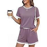 Blingfit Womens 2 Piece Lounge Set Short Sleeve Summer Vacation Outfits Casual Matching Sets Soft Shorts with Pockets