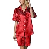 Women's Short Sleeve Classical Silky Satin Pajamas, Short Bottom Sleepwear