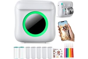 CARPOWER Mini Printer Portable for Smartphone, Wireless Thermal Printer Photo Printer with 7 Rolls of Paper, Inkless Pocket Printer Bluetooth Smart Printer for Picture, Receipt Label, Note, QR Code Printing