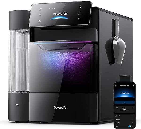 GoveeLife Smart Nugget Ice Maker Pro, 60lbs Daily, 6-Minute First Ice, 40dB Ultra-Quiet with AI NoiseGuard, App & Voice Control, Self-Clean, 3.5lbs Basket & Dual Water Tanks, for Home Kitchen, Party