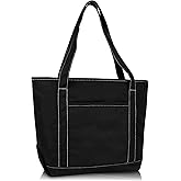 DALIX 20" Solid Color Cotton Canvas Shopping Tote Bag in Black-White