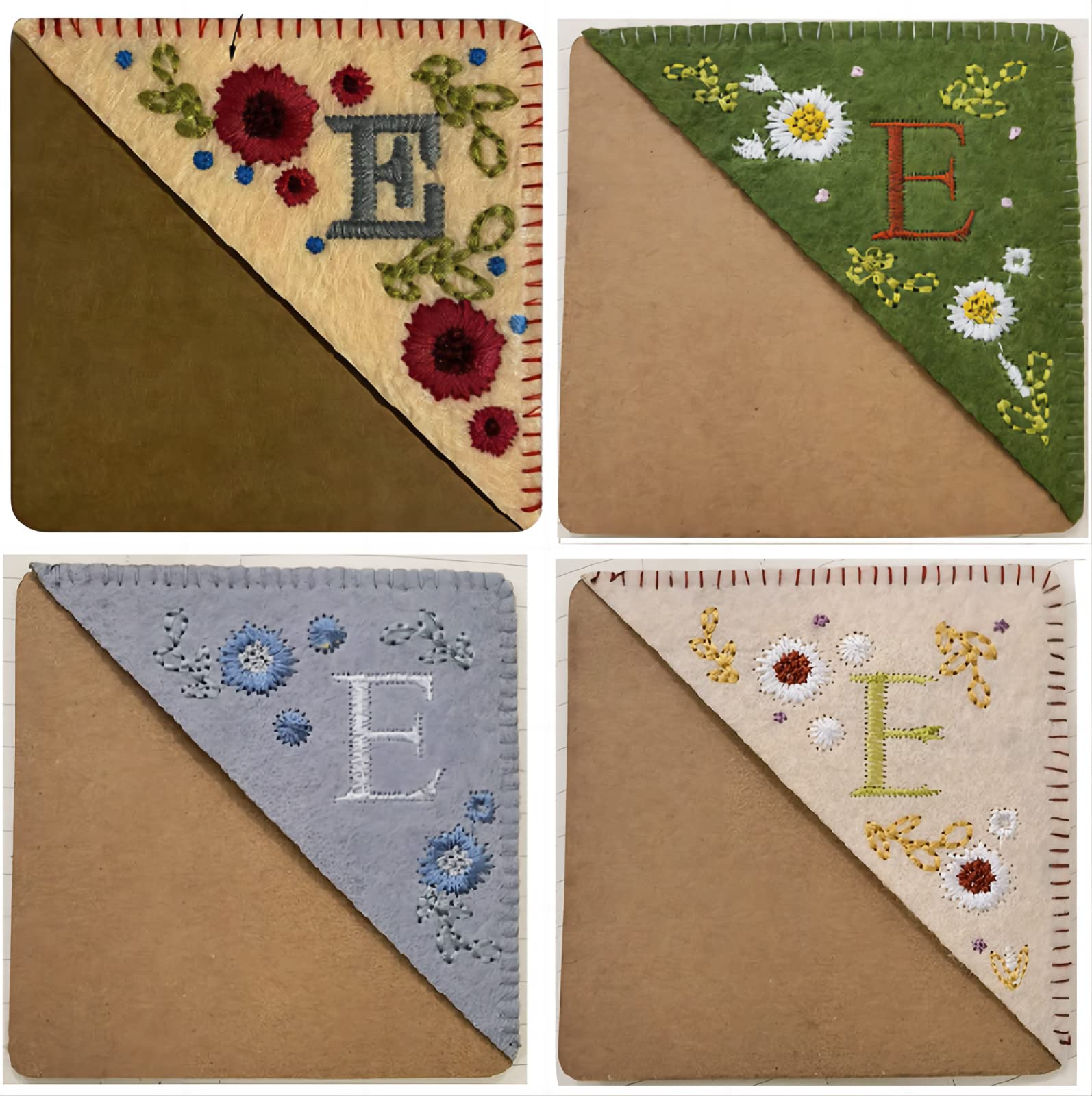 BEEFLYING 4 Pieces Letter R Personalized Hand Embroidery Corner Bookmark Four Season Flower Embroidered Letter Bookmark Gift for Book Reading