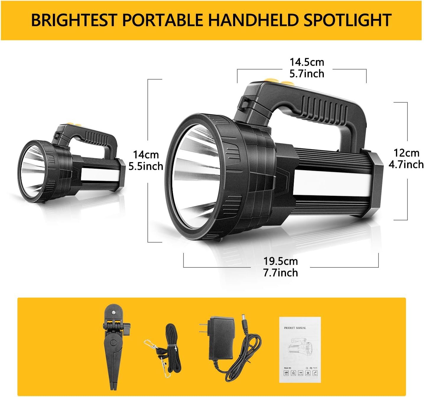 Brightest Spotlight Hand-held Portable LED Flashlight 6000 lumens 9600mAh Rechargeable Long Lasting LED Searchlight Super Bright Torchlight with USB Output Function IPX4 Waterproof (Black) - - 